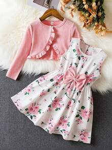 Young Girl Floral Dress With Cardigan Spring Summer Casual Outfits Princess Girls Dresses Suitable For Outdoor Holiday Wear - 粉色 - 查看 1