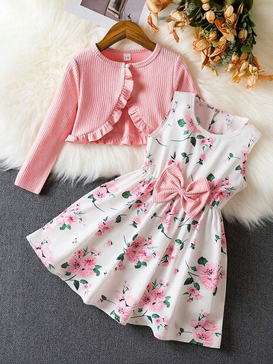 Young Girl Floral Dress With Cardigan Spring Summer Casual Outfits Princess Girls Dresses Suitable For Outdoor Holiday Wear - 粉色 - 查看 1