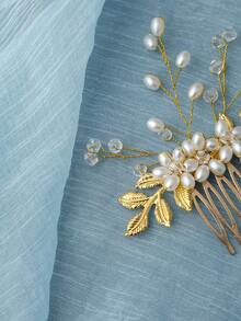 Handmade Delicate Gold Leaf Pearl Bridal Hair Comb Wedding Hair Accessories Women For Bachelorette Party Prom Pageant Photo Shoot - Gold - View 5