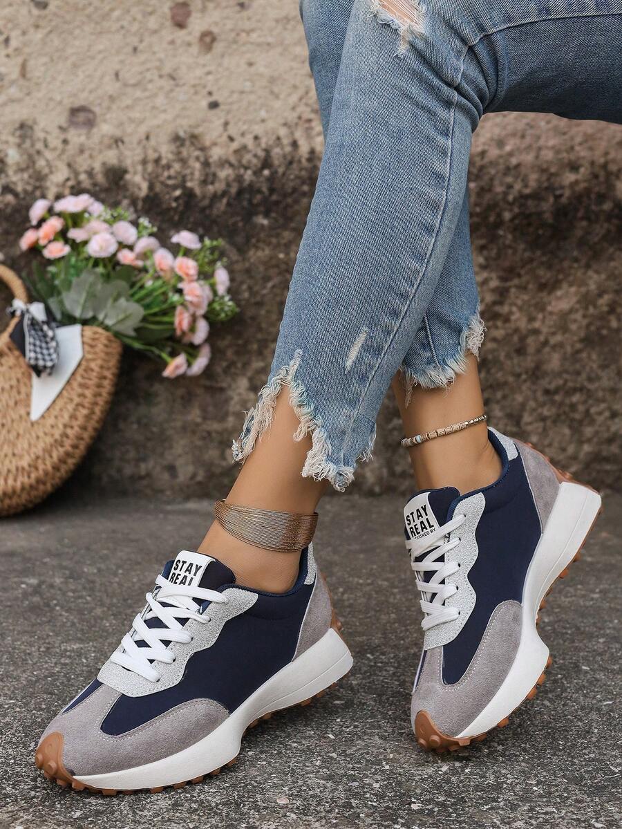 女士轻便跑步运动鞋 - 系带闭合，多功能平底，透气面料和仿皮材质 - 藏蓝色 - 查看 1