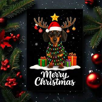 1pc Cute Dachshund Christmas Card With Festive Lights & Gifts - Adorable Santa Hat & Reindeer Design, Perfect For Dog Lovers, Holiday Greetings To Friends, Colleagues, And Family, Envelope Included, Christmas Card | Playful Design | Detailed Illustration, Christmas Decorations - Ideal For Anyone (With Envelope + Greeting Card)" (11cm X 16cm) Christmas Gift Card" A Gift Suitable For Everyone