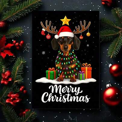 1 Peça Cartão de Natal Fofo com Dachshund, Luzes Festivas e Presentes - Design Adorável de Chapéu de Papai Noel e Rena, Perfeito para Amantes de Cachorros, Saudações de Férias para Amigos, Colegas e Família, Envelope Incluso, Cartão de Natal | Design Brincalhão | Ilustração Detalhada, Decorações de Natal - Ideal para Qualquer Um (Com Envelope + Cartão de Saudação) "Cartão de Presente de Natal" Um Presente Adequado para Todos