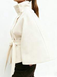 Women's Elegant Solid Color Hooded Poncho Overcoat With Belt, Autumn/Winter