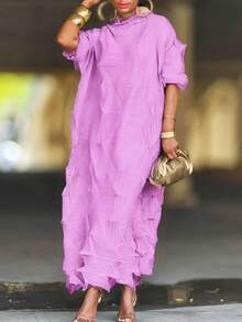 Women's Elegant Textured Midi Dress With Ruffled Design, Pleated And High Elastic Fabric - Mid Neck, Mid Sleeve, Great For Fashionable And Comfortable Looks - 粉色 - 查看 2