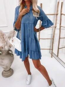 Women's Denim Dress Loose And Inelastic Comfortable Dress, Casual Daily Flounces, Elegant And Sweet. - Rửa trung bình - Xem 4