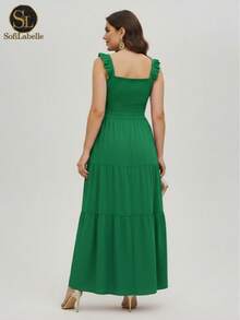 Women's Plus Size Long Dress, Three Marias Style, Elegant Evangelical Fashion, Party Dress, Sleeveless, Strapless, Ruffled, Dune - 綠色 - 查看 3