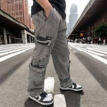 Spring And Summer Men's Cargo Pants, Washed Gray Denim, Streetwear Style, With 8 Large Pockets, Elastic Waistband, Sizes S To XL - 水洗灰 - 查看 4