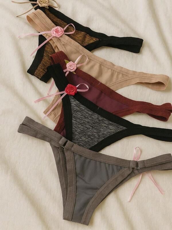 Kit 5 Calcinha Fio Dental com Laço e Flor Lingerie Feminina Sexy Confortável e Charmosa Moda Intima