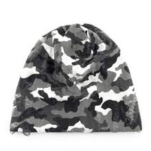 Gorro tipo beanie unisex con estampado de camuflaje, impresión de letras y agujeros desgastados, gorro elástico y ligero para hombres y mujeres, gorro cómodo y suave, gorro apilable, accesorio de moda urbana y hip hop, ideal para otoño e invierno