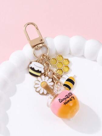 1 pieza Llavero de metal con diseño de abeja de dibujos animados, Maceta de miel acrílica creativa, Colgante de panal de girasol lindo, Manualidades DIY, Regalo de cumpleaños, Accesorio para bolso