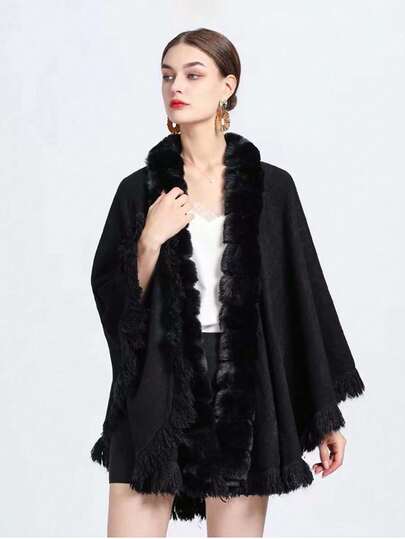 1 buc. Poncho cu glugă din blană artificială neagră multicoloră pentru femei, rezistent la vânt, cald, la modă, elegant, mărime mare, pelerină, potrivit pentru ținute zilnice, petreceri, evenimente, sărbători