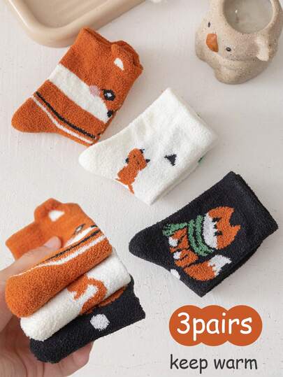 3 Pairs Kids Cute Cartoon Fox Print Warm Socks (1-12 Years Old) - Suitable For Boys And Girls, Thick, Warm, Comfortable And Soft, Simple And Versatile Mid-Calf Socks For Autumn/Winter, Suitable For Daily Wear And Outings