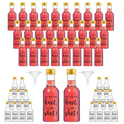 28/4pcs Mini Wedding Liquor Bottles,Beverage Dispensing Bottle,Empty Plastic Champagne Bottle,With Golden,Silvery And Black Screw Caps,And With "WE TIED THE Knot,SO TAKE A Shot!" Black Labels,Perfect For Wedding Gifts,Birthday Parties, Bridal Showers,Family Reunions,Christmas Party.