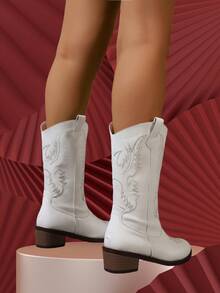 New Women's Embroidered Leather White Western Boots, Pointed ToeThick Heel High Heel Sleeve Mid-Calf Boots, Outdoor Leisure FashionBoots - White - View 4