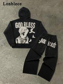 Lonblece 2pcs Autumn/Winter Streetwear Brand Prayer Print Hoodie Sweatshirt Set, Unisex Loose Casual Hoodie And Straight Pants Two Pieces Outfit, #Art Punk, Young Casual