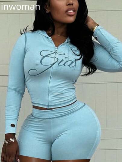 Inwoman Summer Outfits For Women Street Women Suit Set Letter Print Slim Fit Long Sleeve Hooded Tops+ Short Pants Casual Two Pieces Set