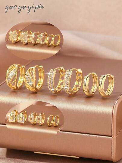 6 pezzi Set di orecchini eleganti a forma di quadrifoglio con zirconia cubica, gioielli di moda come regalo, accessori di gioielleria di lusso per donna, adatti per uso quotidiano, festival, appuntamenti, vacanze, regali