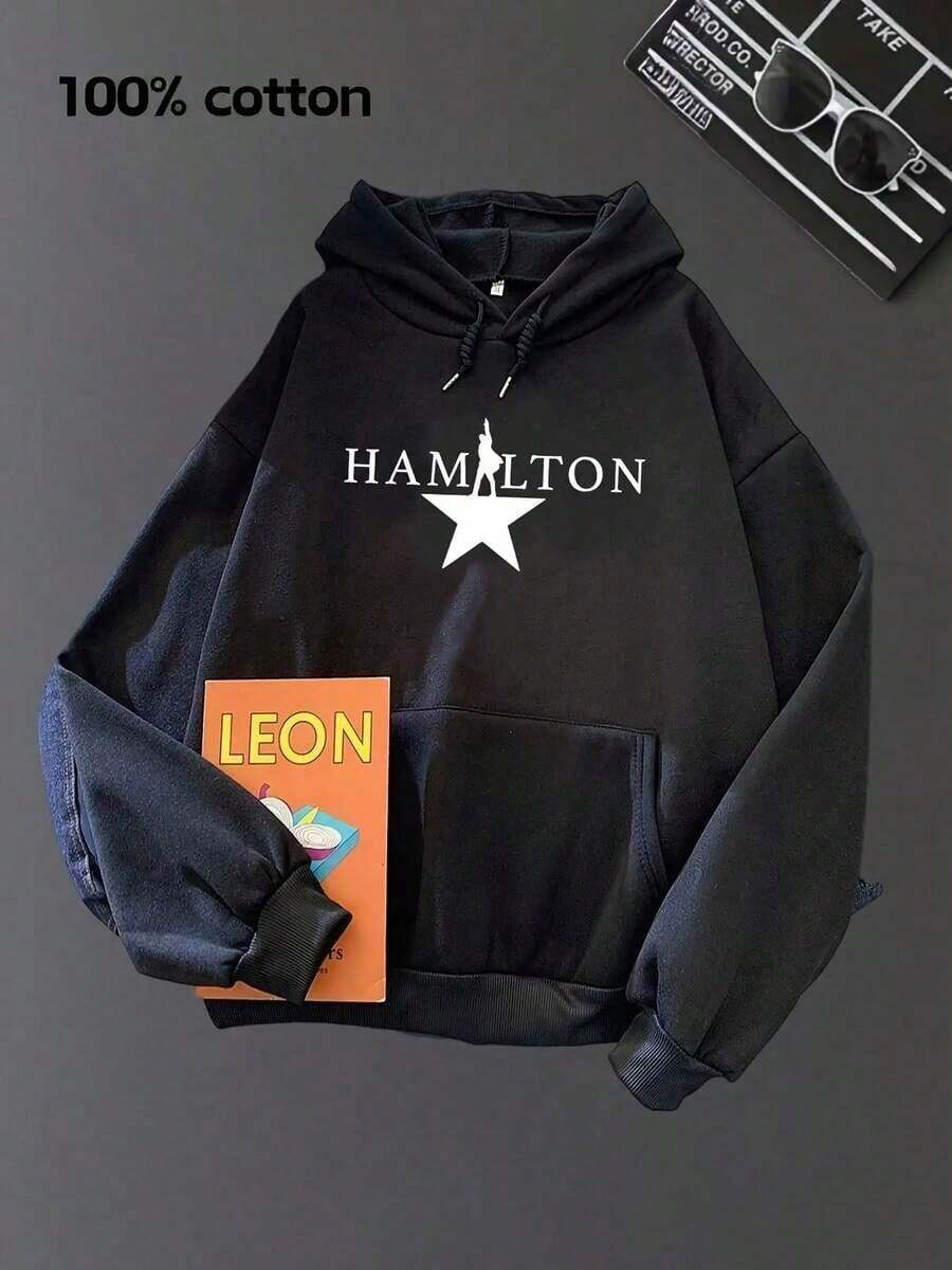 Hamilton Musical Fan Star Silhouette Pullover Hoodie - Unisex Casual Hooded 100% Cotton Pullover Hoodie, Super Soft, Warm & Comfortable, Ideal For Autumn, Winter & Spring - Perfect Christmas, Birthday, Valentine's Day, Thanksgiving, New Year Gift For Men, Women, Teens, Friends, Family, And Couple - Versatile Seasonal Streetwear For Daily Wear, Concerts, School, College, And Casual Outings. - màu đen - Xem 1