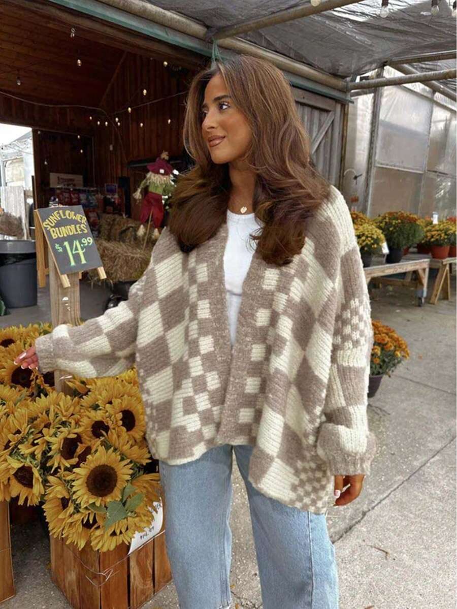 Chaqueta de punto a cuadros de estilo vívido para mujer, chaqueta suelta de manga farol de talla grande, suéter retro de otoño/invierno, Navidad, suéter navideño - Amarillo - Ver 1