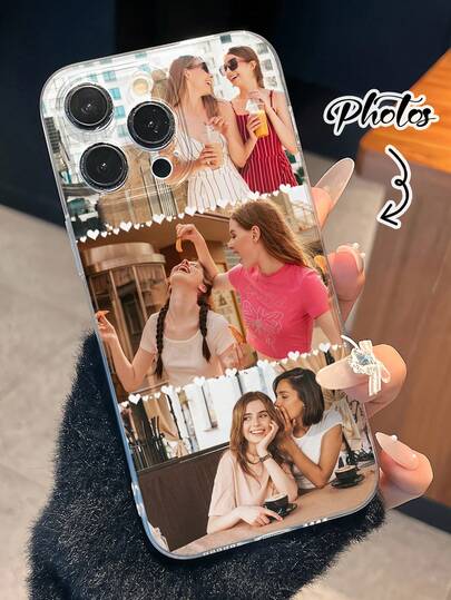 1 Peça Capa de Telefone Transparente e Macia com Padrão de Coração de Colagem de Imagens Múltiplas Personalizada, Adequada para iPhone 17 Air 16 15 14 13 12 11 Pro Max, Galaxy S25 24 23 Ultra FE A55 54 35