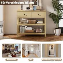 Retro Console Table, Narrow Wooden Console Table, Console Table With Drawers And Open Shelves For Hallway, Entrance And Living Room, Natural - Natural + MDF - View 9