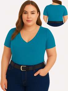 Kit com 3 blusas plus size decote v básica feminina - preto/azul turquesa/off - Visão 4