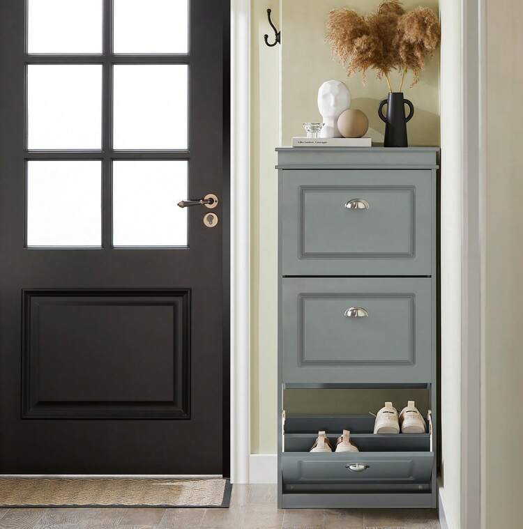 SoBuy Shoe Cabinet With 3 Flaps - Slim Shoe Rack With 6 Shelves, Adjustable Shoe Rack For Hallway, Corridor & Entrance Area - Hallway Cabinet With Anti-Tip Device 53x117x24cm FSR94 - Grey - View 1