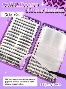 305pcs/組，6款混搭，自黏式蓬鬆假睫毛簇，8-16mm混長，蓬鬆單簇假睫毛，自黏式，DIY睫毛接長，簇狀睫毛，自然且加長，C捲翹睫毛簇，假睫毛 - 黑色 - 查看 5