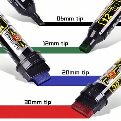 4-Color Extra-Wide Flat-Tip Markers With (6/12/20/30mm) Nibs, Hand-Painted Poster POP Pens, Refillable, Waterproof, Quick-Drying, And Non-Fading Graffiti Pens, Suitable For Graffiti Painting On Any Solid Surface, Including Walls, Plastic, Skateboards, Glass, Etc.
