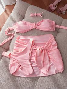 3pcs Women's Swimsuit, Basic Sexy Bikini Sexy Style Solid Colour,Retro Swim Sarong Coverups Beach Outfits For Woman Christmas Party Outfit ,Gift For Her,Valentine Vacation - Pink - View 10