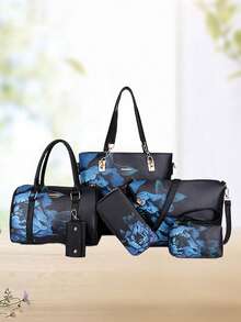 Complete Handbag Set For Women Floral Print Tote Bags PU Leather Top Handle Satchel For Mom - 黑色 - 查看 1