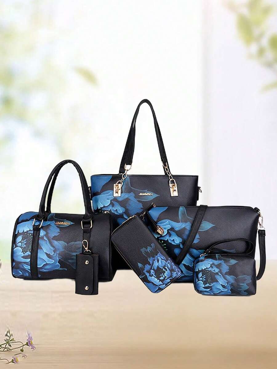 Complete Handbag Set For Women Floral Print Tote Bags PU Leather Top Handle Satchel For Mom - 黑色 - 查看 1