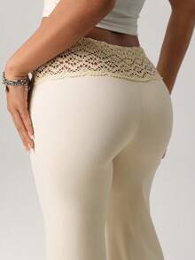 Women's White Knit Waistband With Beaded Drawstring Straight Loose Casual Resort Pants - 杏色 - 查看 6