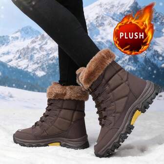 Women's Solid Color Outdoor Fabric Thermal Lined Drawstring Snow Boots, Outdoor Winter Warm Boots, Outdoor Cold-Resistant Fashion Boots For Women