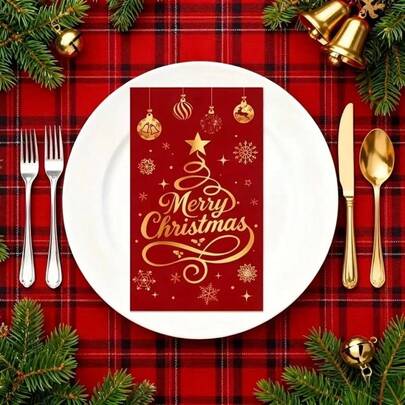 20张优雅圣诞派对餐巾纸，双层纸巾，红色底，金色雪花、圣诞树、彩球和“圣诞快乐”字样设计，适用于圣诞节、节日聚会、各种场合和特殊活动，是完美的派对餐桌装饰。