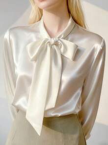 White Blouse Women Spring & Autumn Long Sleeve Office Shirt, Elegant Bow Decor Chiffon Flowy Top