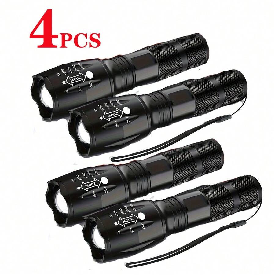 4 Pack Rechargeable High Power LED Flashlight With Zoom Spotlight, USB Cable, Super Bright, Long Range, Tactical Work Light For Camping, Hunting, Hiking, Emergencies - 4件 - 查看 1