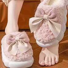 2pcs Women's Plush Lined Warm Slippers, Cute Bow Design, Memory Foam House Slippers, Thick Fluffy Indoor Slippers