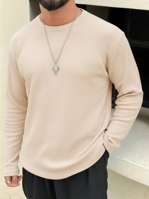 Men's Loose Fit Long Sleeve T-Shirt, Round Neck Pullover, New Spring/Autumn Solid Color Corduroy Knit Top
