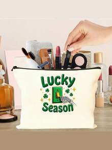1 Pc Single-Sided Creative & Stylish Storage Makeup Bag With Lucky Season St. Patrick's Day Letter Prints – A Portable Travel Toiletry Storage Bag And A Zipper-Closed Makeup Pouch. It Works As A Birthday Gift, Suitable For Secretaries, Colleagues, Bosses, And Office Ladies, And Also Makes A Great Gift For Occasions Like Birthdays, Christmas, And Thanksgiving, Christmas Gifts, Pouch, Travel, Gifts For Women, Women's Pouch, Clutch / Small Handbag, Makeup Organizer, Pouch, Brush Holder, Mini Pouch, Large Capacity Pouch