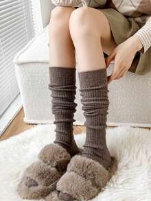 1 Pair Women's Striped Thigh High Socks, Thick Knee-High Socks, Autumn/Winter