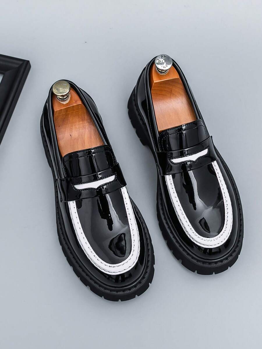 Men's Versatile Business Casual Shoes, Thick Sole Elevator, Black & White Slip-On Loafers - Black and White - View 1