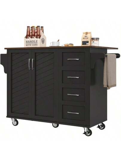 Kitchen Trolley Diagonally Gestreepte Cabinet Doors, Removable Towel Spice Rack, Adjustable Dividers, Sideboard, Tafel Top Wood Grain, Zwart view 7