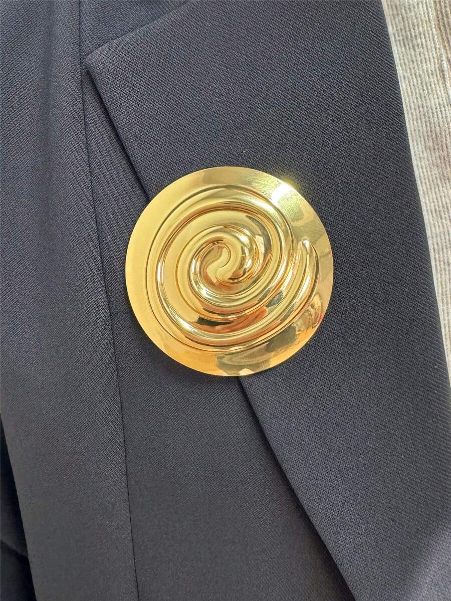 1pc Vintage 18K Gold Stainless Steel Spiral Brooch Pin, Geometric Round Large Brooch, Coat & Suit Accessory - Gold - View 1