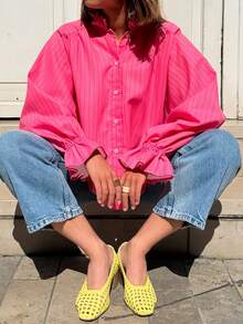 Áo sơ mi sọc dài tay cài nút phía trước kiểu dáng thanh lịch và nhã nhặn, thích hợp mặc đi nghỉ, ngày lễ, mặc hàng ngày, hẹn hò, tiệc trà - Hồng - Xem 3