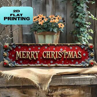 2D Flat, Vintage Christmas Metal Wall Decor Sign - Red & Golden Rustic Farmhouse Style With Golden Lettering & Snowflake Accents - Easy Hang No Tools Needed - For Kitchen, Room Decor, Christmas Decorations, Christmas Decorations For Home 16x4 Inch