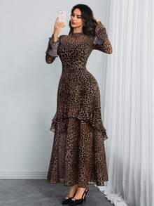 Đầm nữ phong cách Gothic thanh lịch, gợi cảm, phối lưới, họa tiết da báo, tay áo cánh hoa, xếp ly, dáng đuôi cá, hai lớp, thích hợp cho mùa xuân. - Nhiều màu - Xem 2