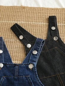 2件套婴儿男女童时尚水洗休闲牛仔背带裤/连体裤，适合春秋季穿着 - 深色水洗藍 - 查看 3