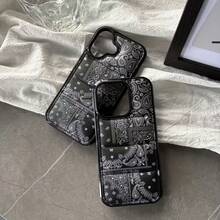 Fashionable Retro Black Line Down Jacket Protective Case With Cashew Flower Pattern, Suitable For  11, 12, 13, 14, 15, 16 Pro Max, Cashew Flower Shockproof Phone Case.-For-Your-New- - 1PC - 查看 6