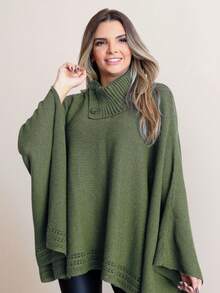 GIP Women's Poncho Knit Mousse Plain High Neck With Button Winter Wool Coat - 軍綠色 - 查看 2
